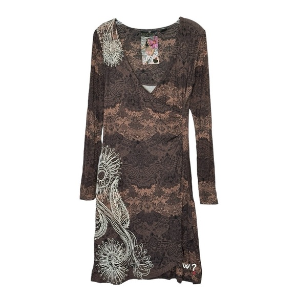Desigual Wrap Dress Size M Brown Boho Embroidered Stretchy Floral V-Neck Bodycon - Picture 1 of 9